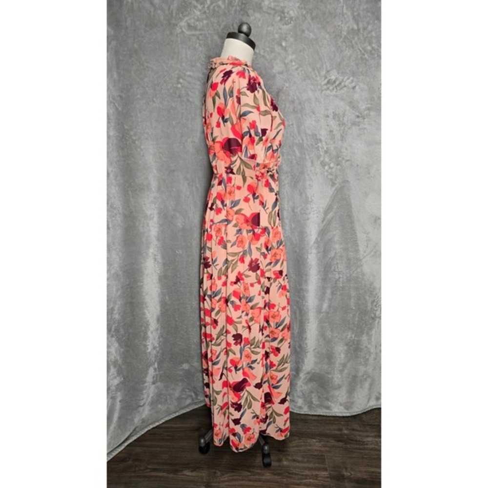 Womens Small Peach Floral Maxi Dress Short Sleeve V Neck Tiered Boho Vacation - Picture 4 of 9